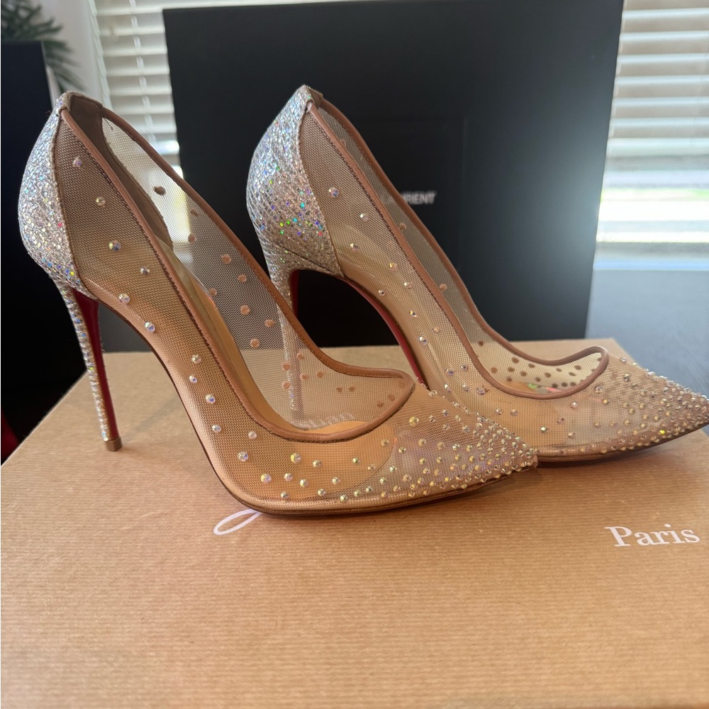 Christian Louboutin Silver/Beige Textured Suede & Crystal Embellished Mesh Pump